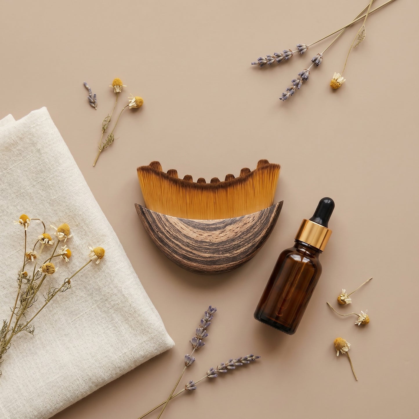 ELARA sculpting ritual flat lay with serum and botanicals