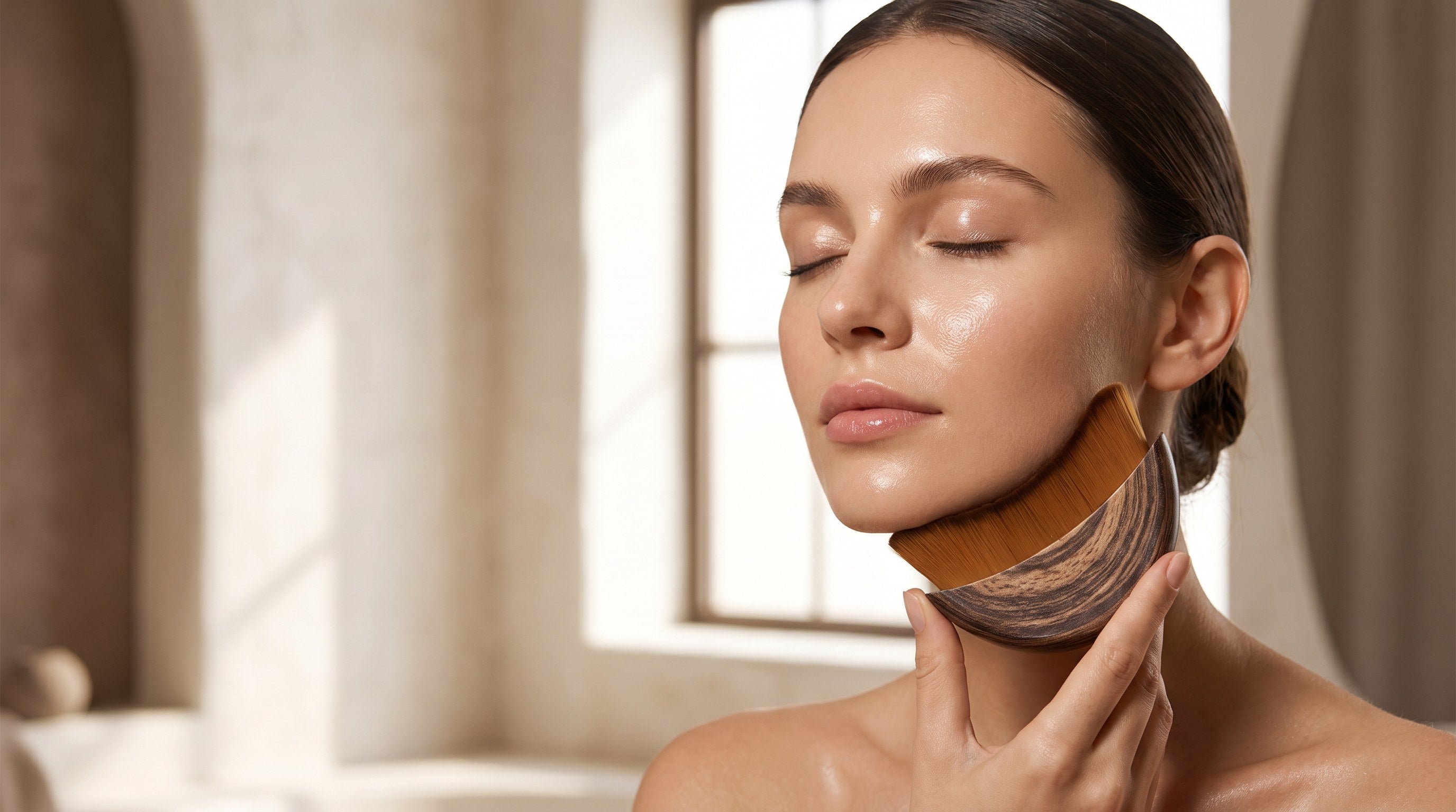 Woman using the ELARA face sculpting brush along her jawline in soft natural light