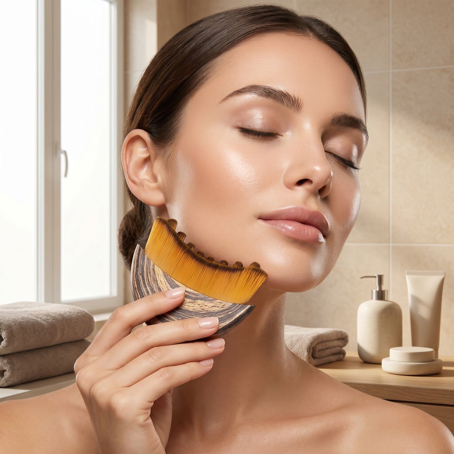 Woman using ELARA face sculpting brush on her jawline