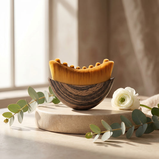 ELARA face sculpting brush on stone pedestal with eucalyptus