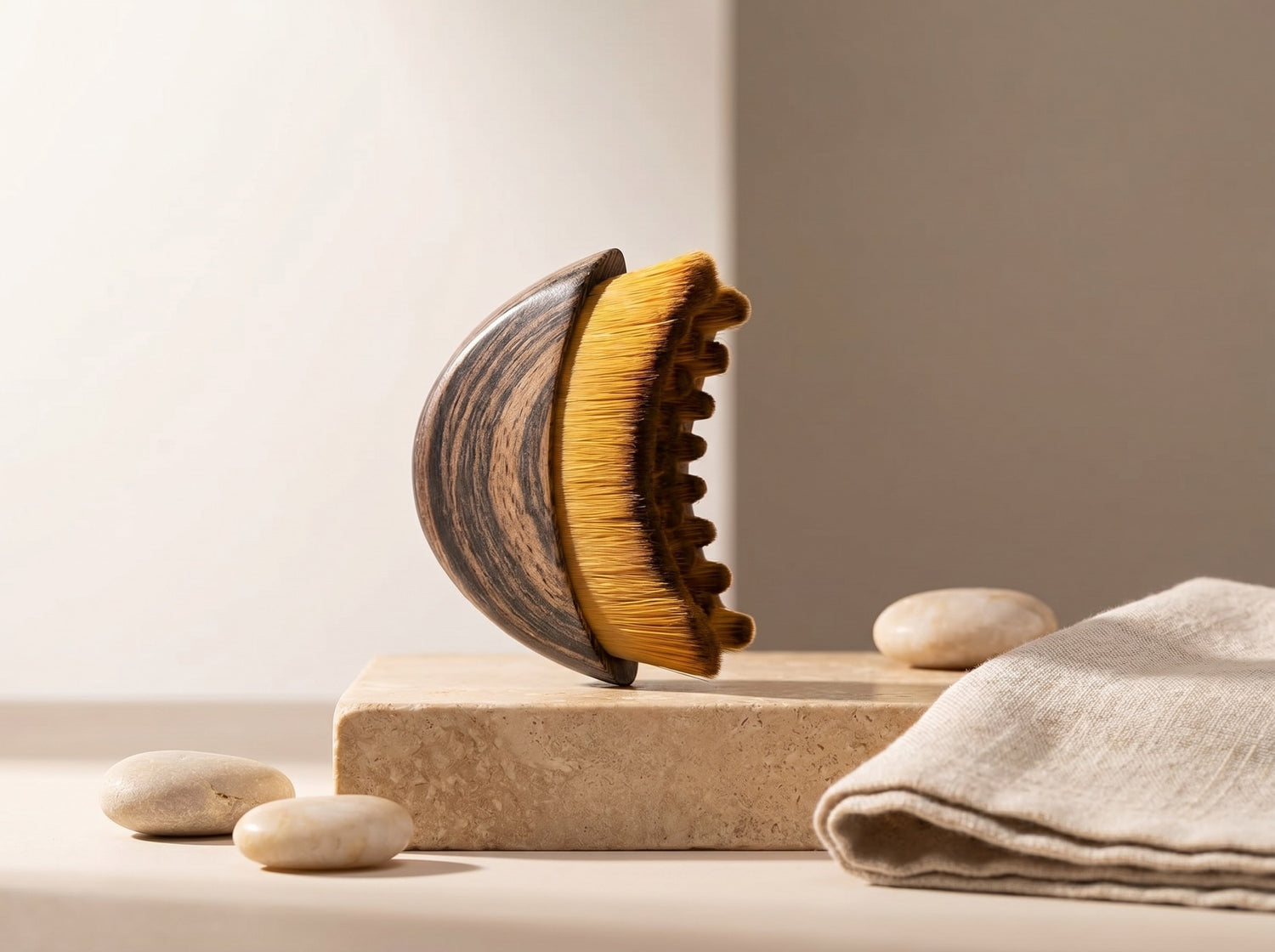 ELARA face sculpting brush displayed on a stone pedestal in a minimalist spa setting