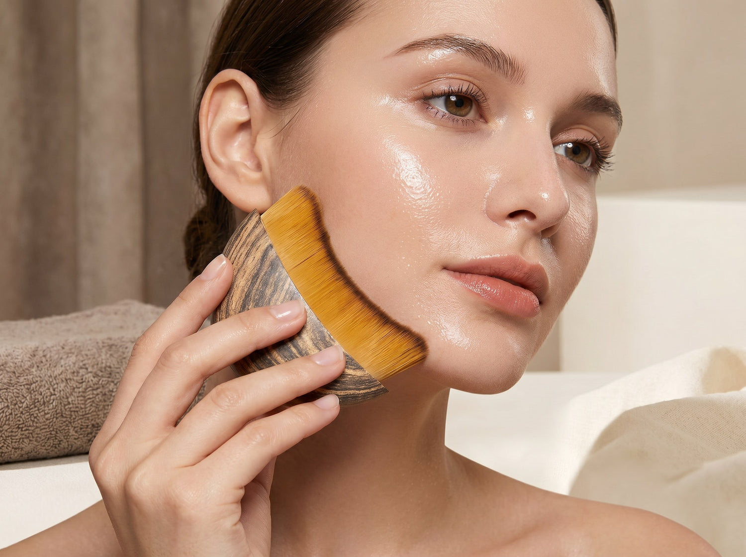 Close-up of woman sculpting her cheekbone with the ELARA brush, glowing skin
